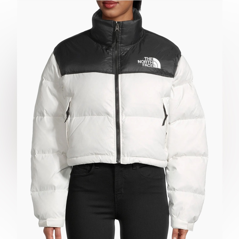 The North Face Women's Black and White Nuptse cropped Puffer Jacket